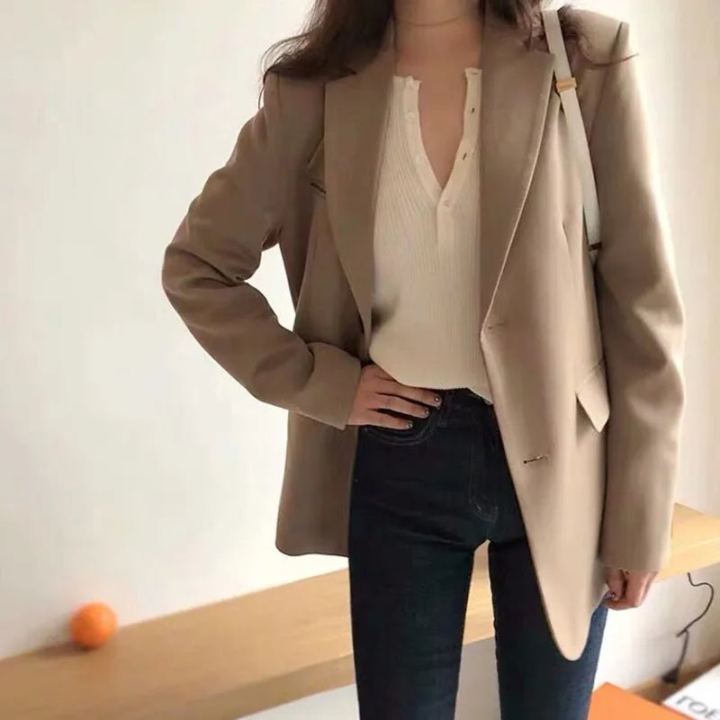 Aelegantmis Spring New Fashion Blazer Jacket Women Casual Pockets Long Sleeve Work Suit Coat Office Lady Solid Slim Blazers