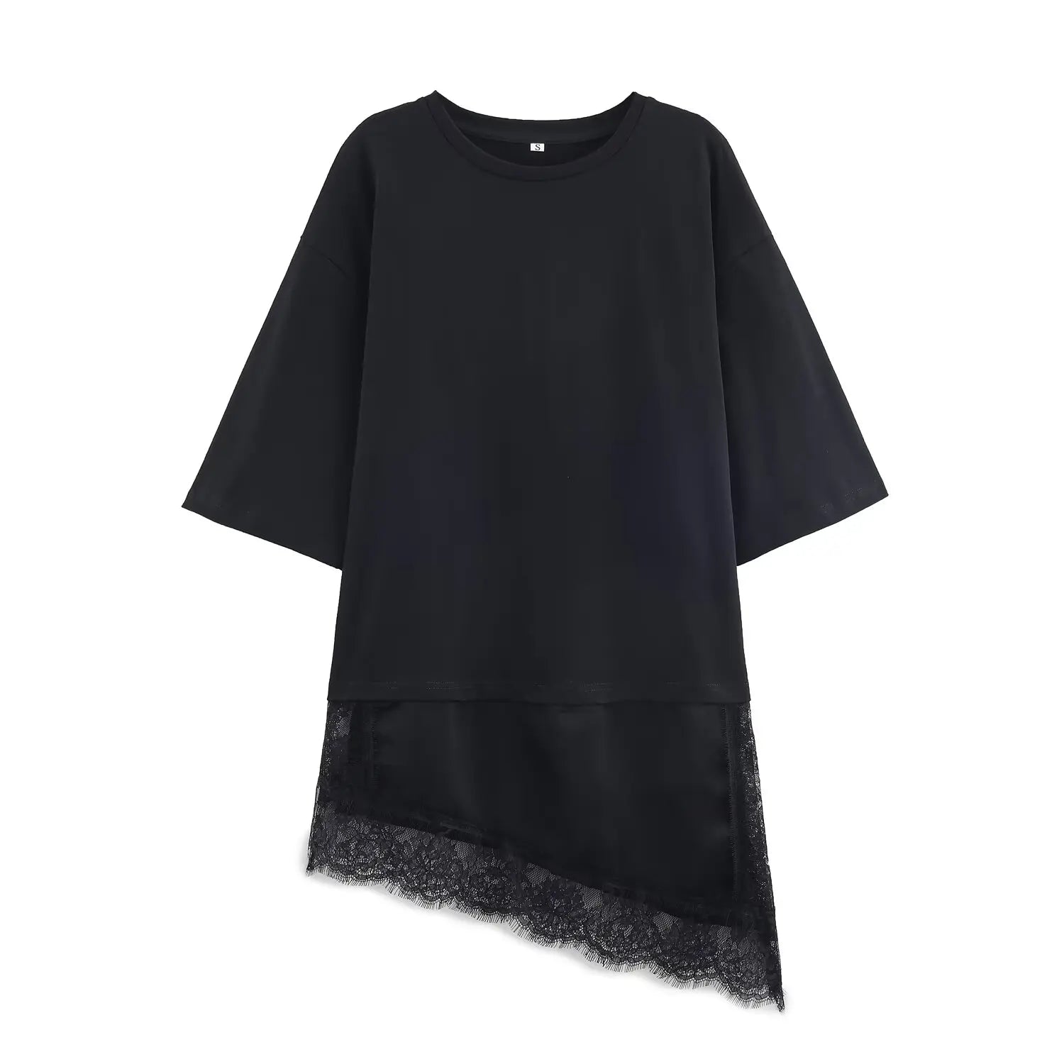 HH Women Vintage Solid Lace Patchwork T-Shirts Asymmetrical Hem O Neck Short Sleeve Shirt 2026 Trend High Street Lady Chic TEES