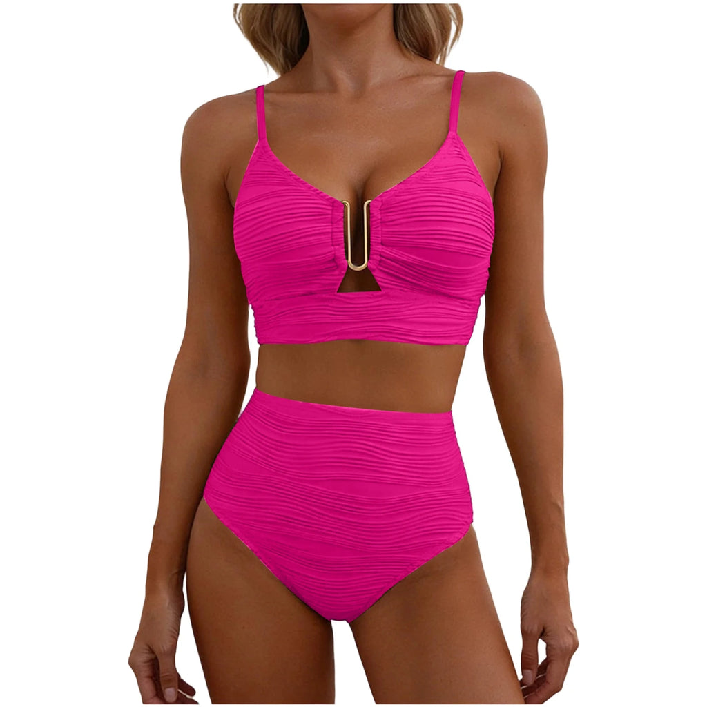 2 Piece Bikini Set Women’s U-Wire Cutout Popular Swimsuit High Waisted Textured 2026 Summer Beach Swim Female Bathing Suits