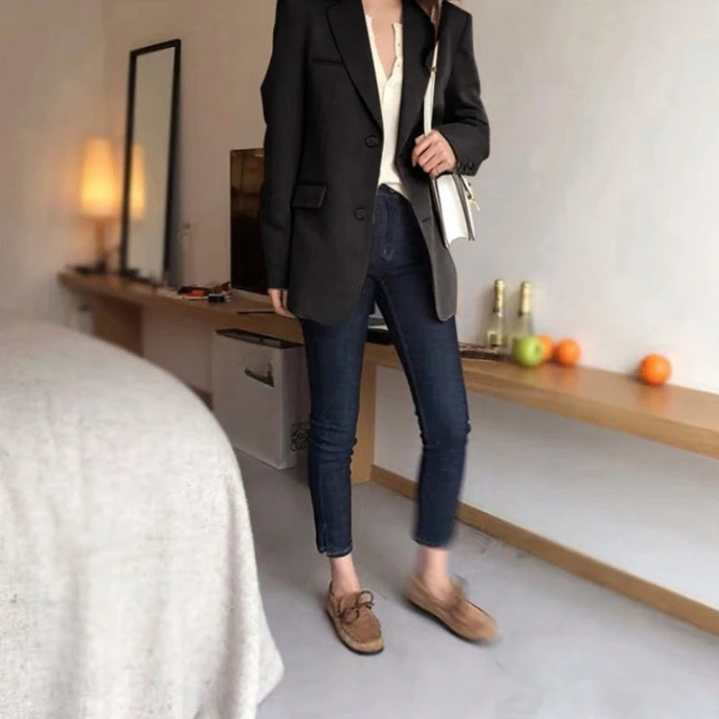 Aelegantmis Spring New Fashion Blazer Jacket Women Casual Pockets Long Sleeve Work Suit Coat Office Lady Solid Slim Blazers