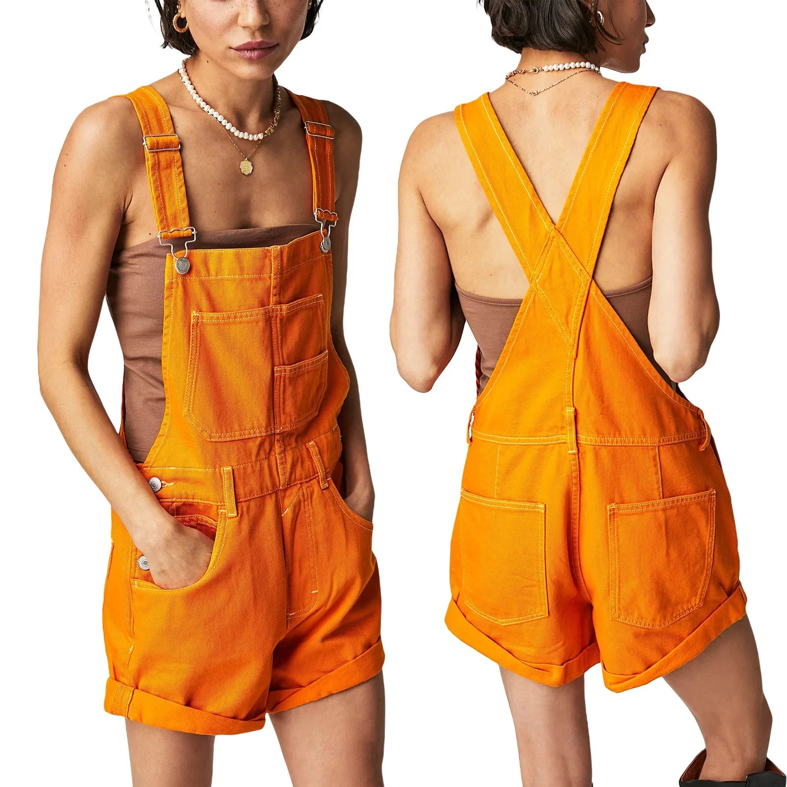 Combhasaki Women's Y2K Vintage Retro Denim Bib Overalls Adjustable Straps Pocket Romper Shorts Casual Rolled Cuff Shortalls